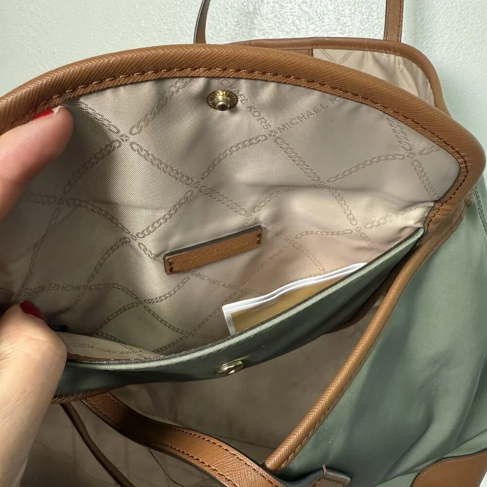 Michael Kors Eva Large Nylon Leather Tote Wh Match Pouch Army Green Timeless - Picture 11 of 16